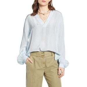 Treasure & Bond Light Blue Drapey Popover V Neck Long Sleeve Blouse Top XS